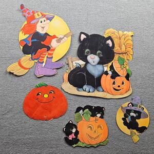 5 pc VTG Flocked Halloween Paper Decor Pumpkin Black Cat Witch Jack-o-loantern